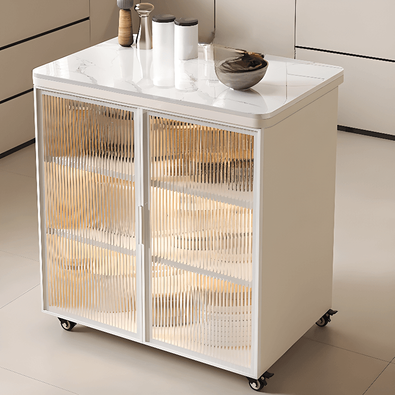 Trendy Sideboard on Caster Wheels with Narrow Stone Countertop, Glazed Door, Adjustable Shelving, and Lighting System thumbnail 3