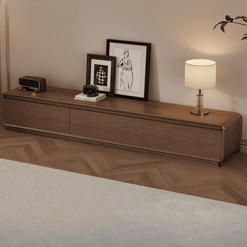 Mid-Century Modern Natural Wood TV Stand with Shelf, 2-Drawer, Hutch, and Cable Management thumbnail 2
