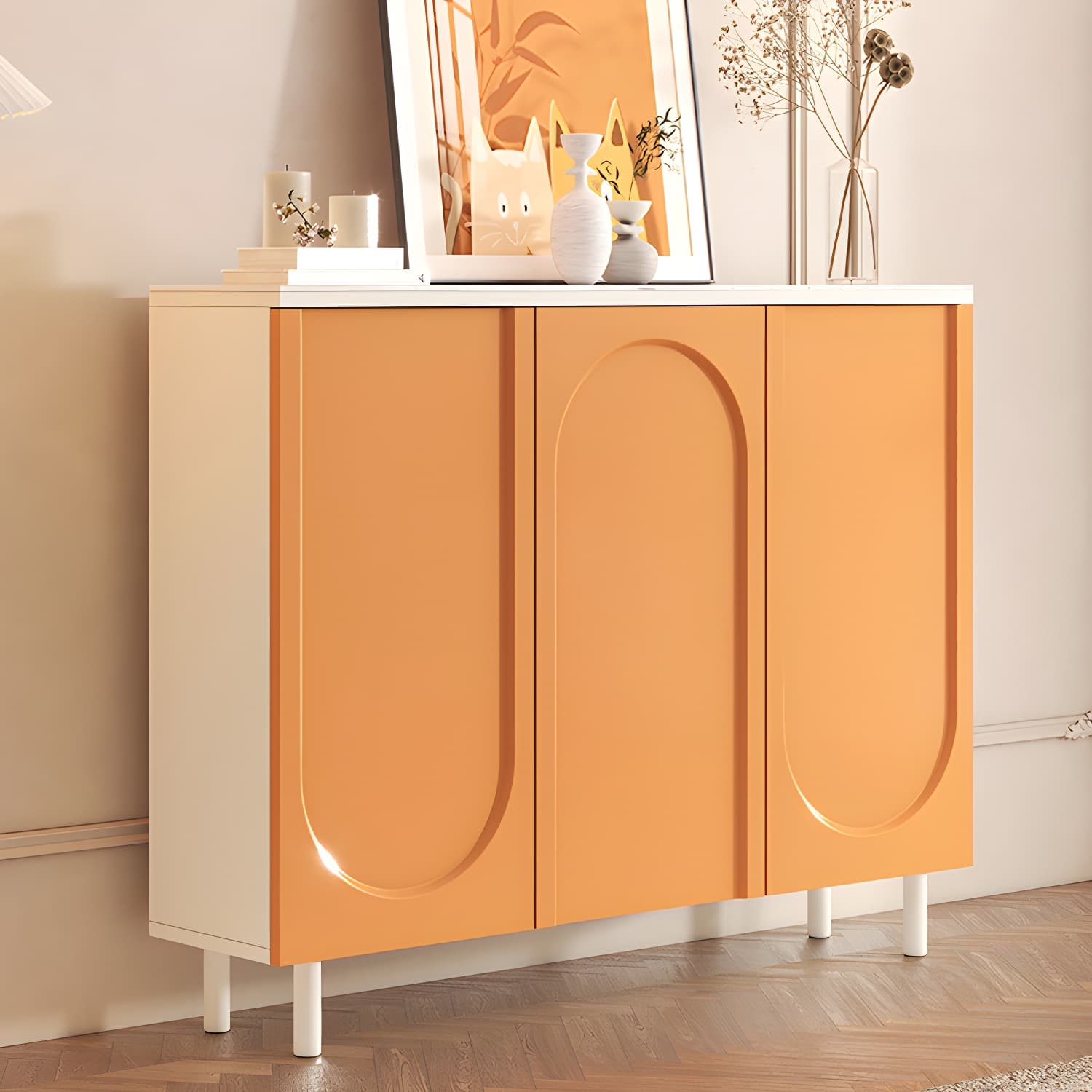 Scandinavian Wood Buffet Sideboard with Stone Countertop and Adjustable Shelves thumbnail 16