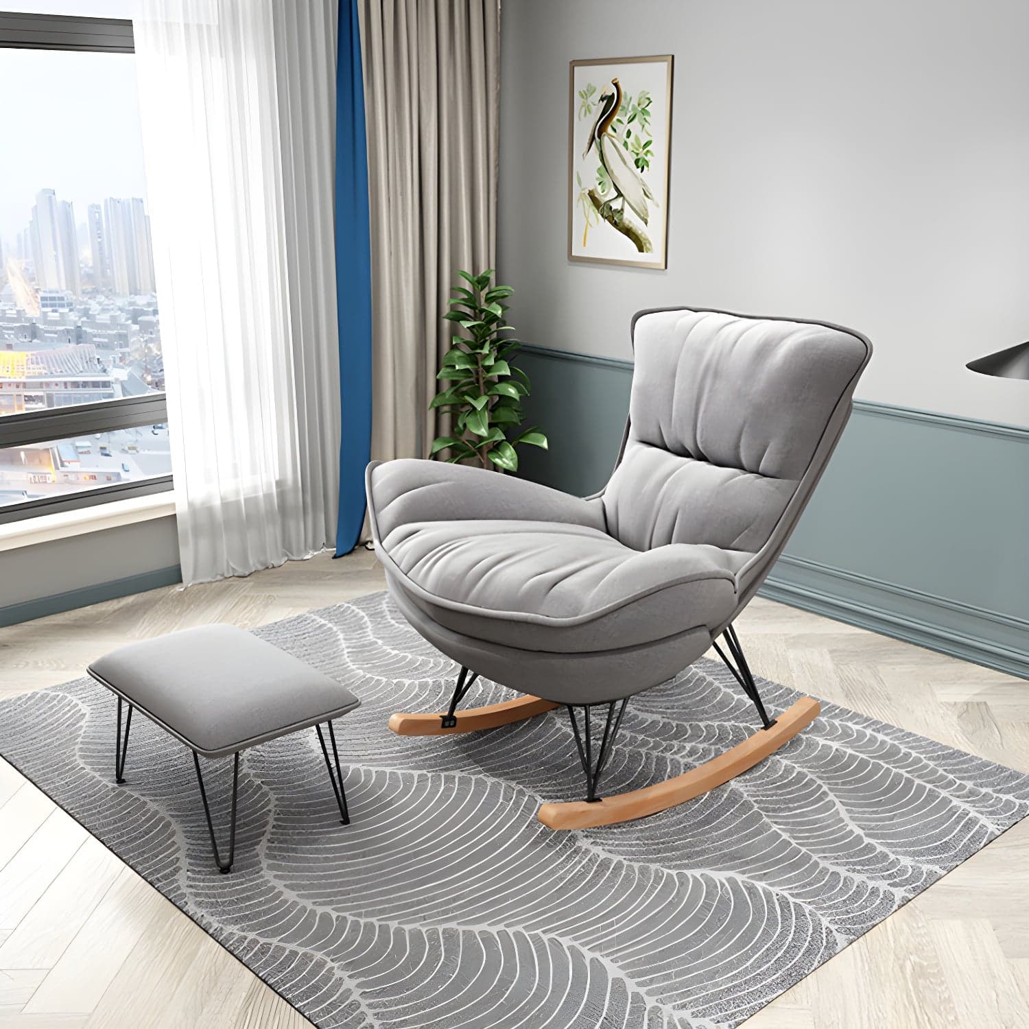 Stylish Modern Indoor Rocking Chair with Ottoman - Upholstered Seat and Natural Wood Legs thumbnail 3