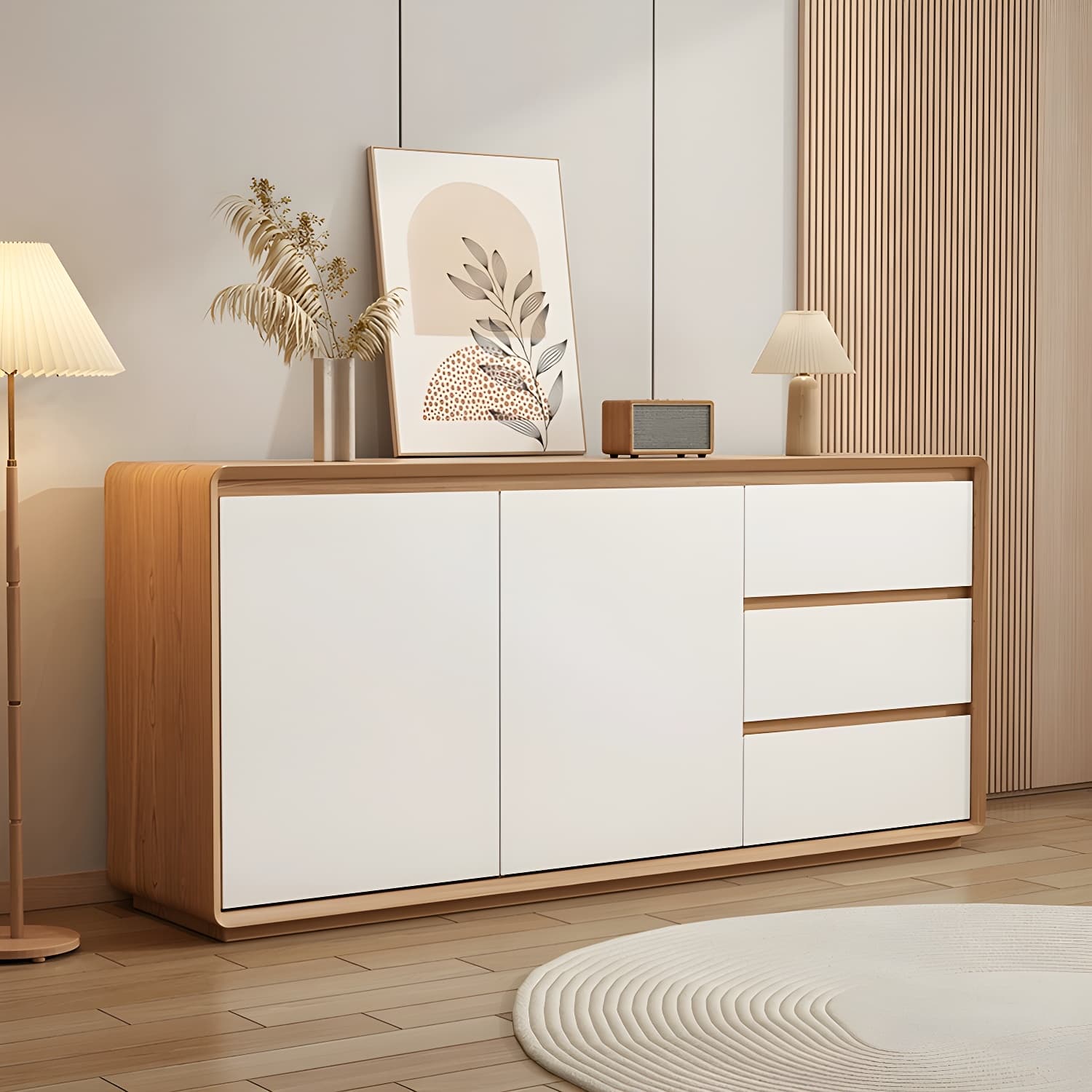 Wooden Modern Sideboard Credenza with 3 Drawers and 2 Cabinets for Storage thumbnail 6