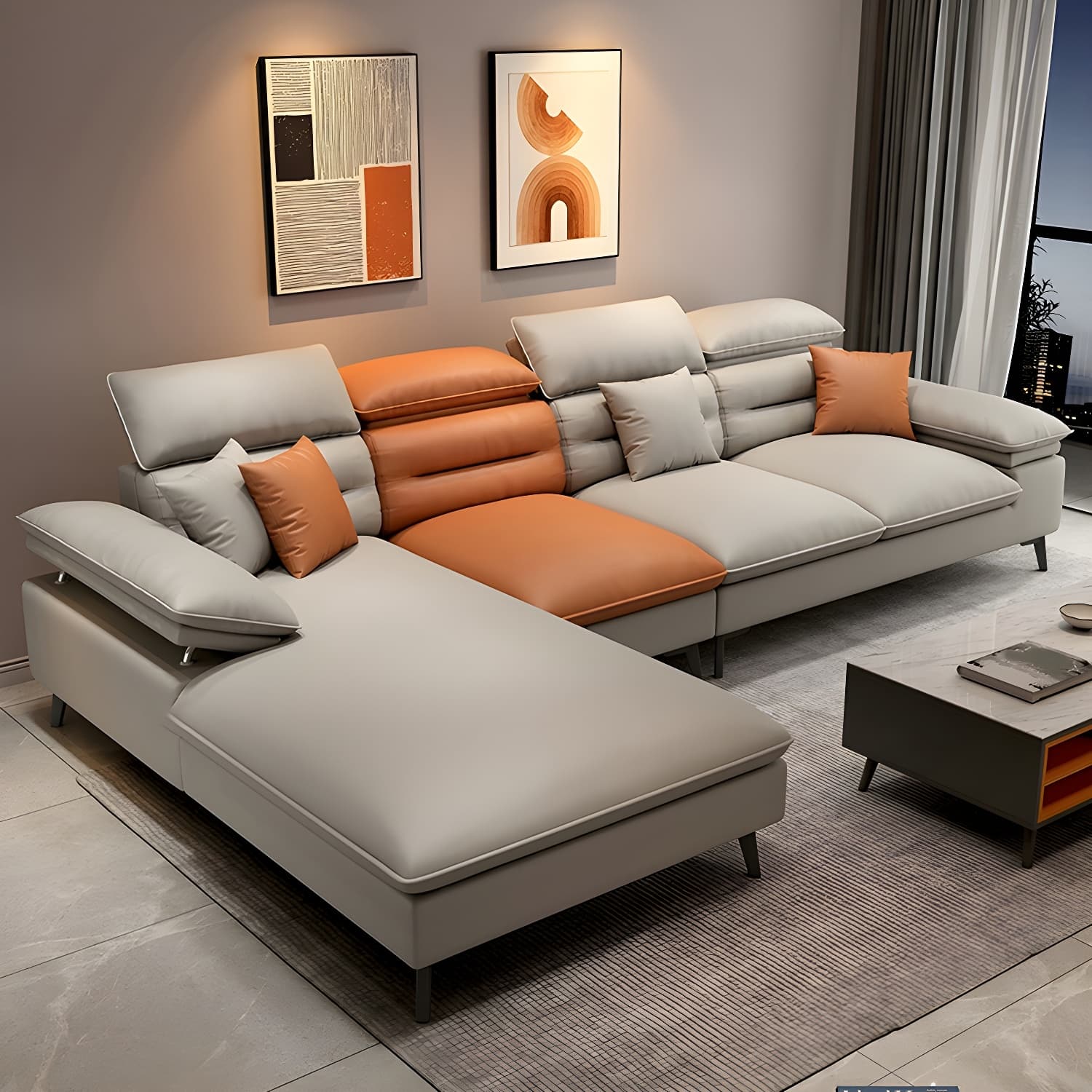 Modern L-Shape Sofa Chaise in Tech Cloth with Stationary Design and 3 Piece Set thumbnail 2