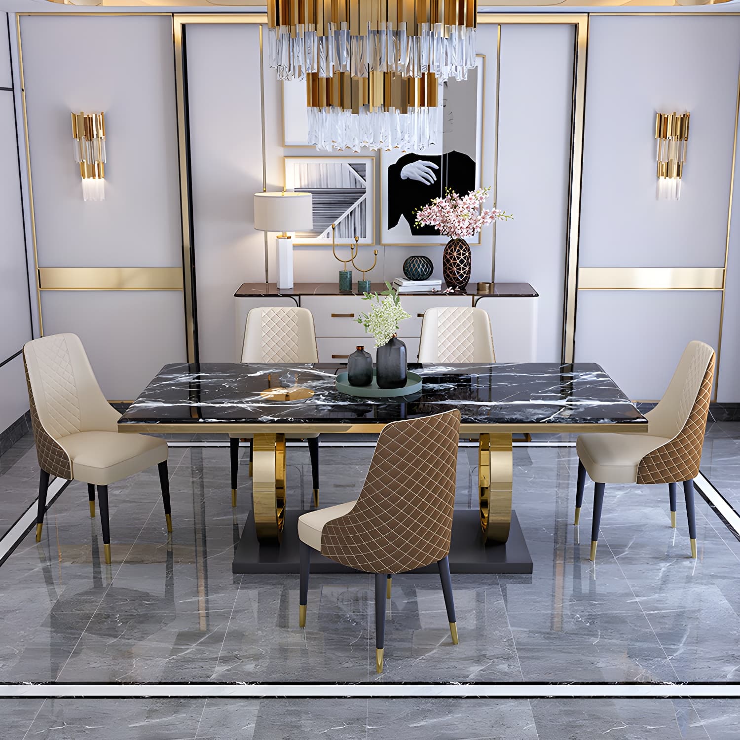 Modern 1/4/5/6/7 Pieces Black Dining Table Set with Marble Top Rectangle Dinette Set thumbnail 9