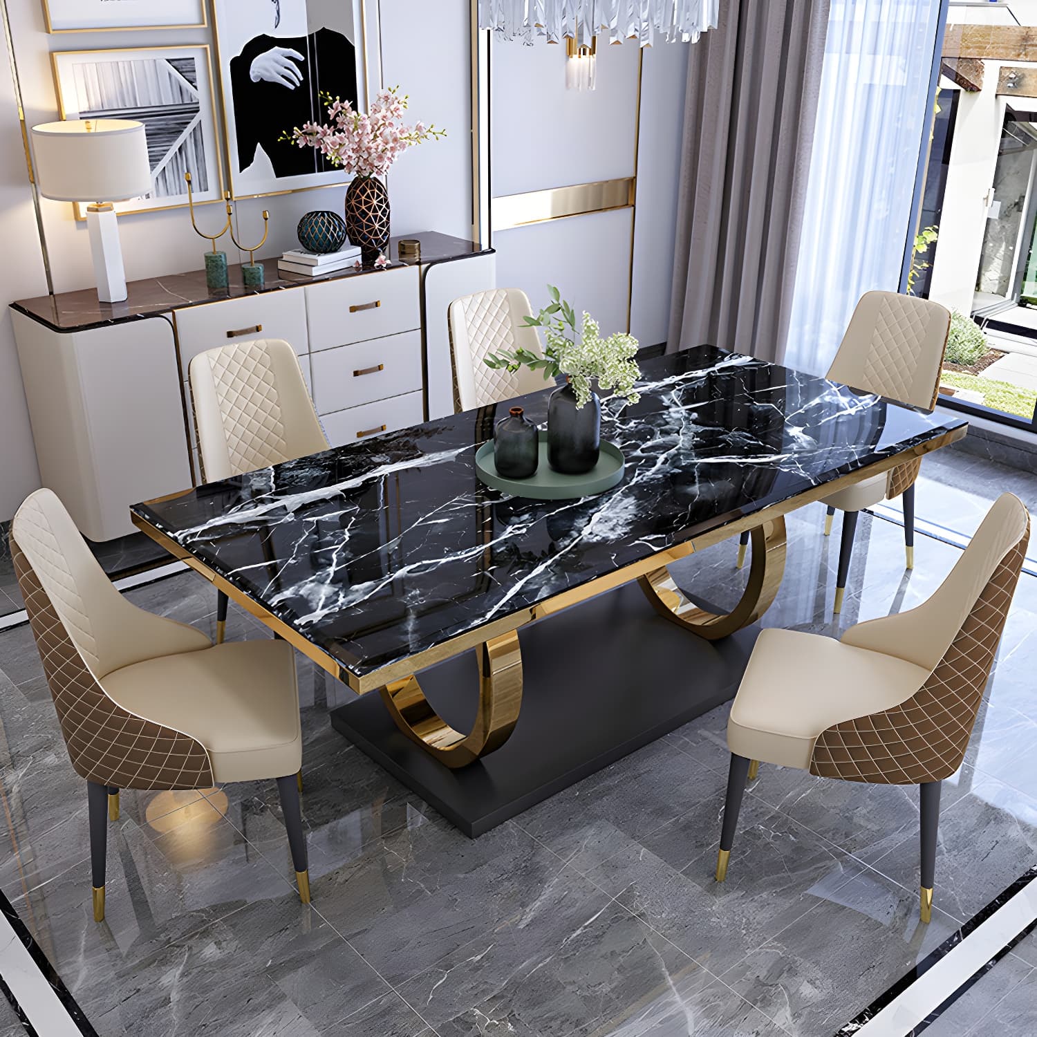 Modern 1/4/5/6/7 Pieces Black Dining Table Set with Marble Top Rectangle Dinette Set thumbnail 2