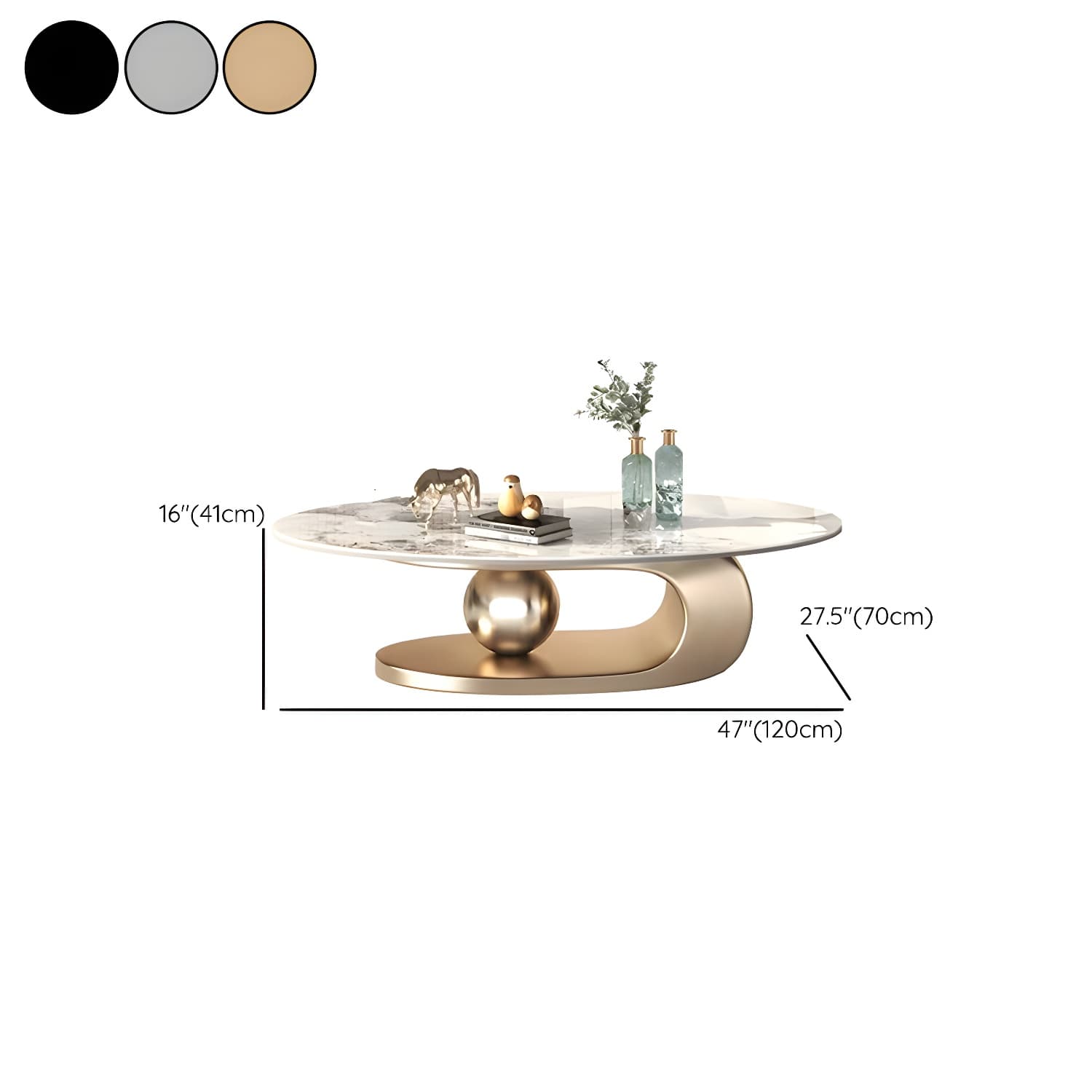 Glam Stone Coffee Table - Beige Oval Shape with Abstract Stainless Steel Base and Scratch Resistant thumbnail 13