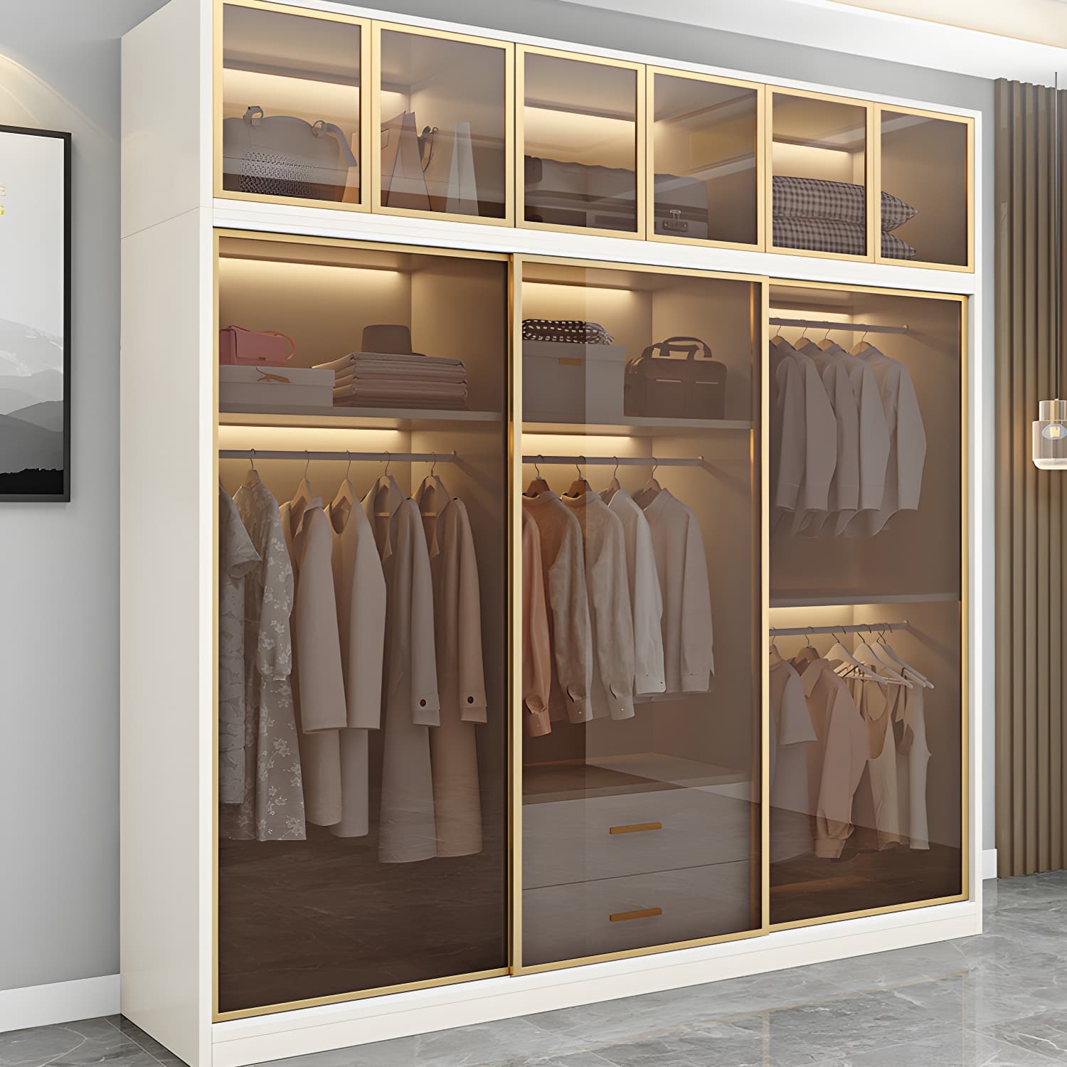 Modern White Wood Frame Wardrobe Freestanding Wardrobe with Sliding Glass Doors thumbnail 3