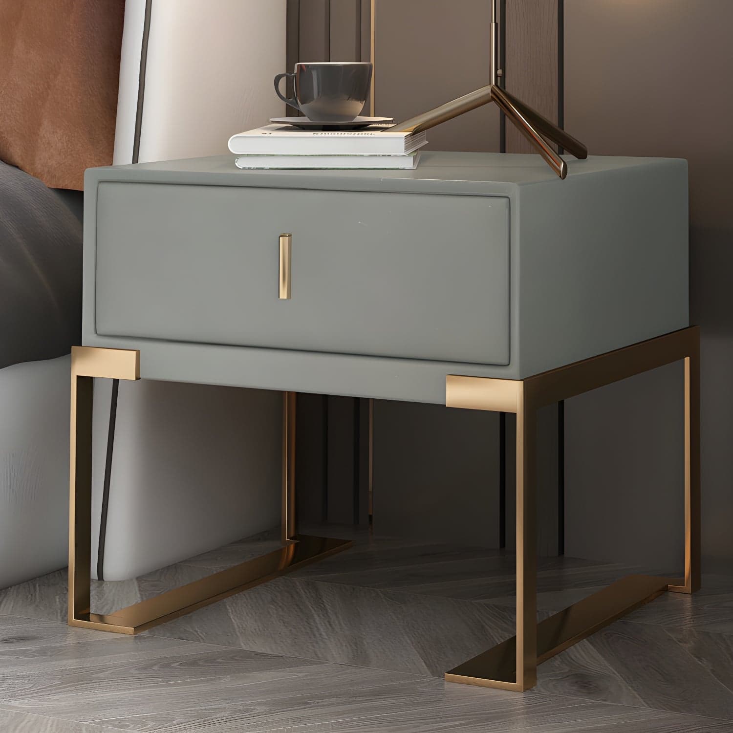 Faux Leather Nightstand 1-Drawer 21 Inch Tall Modern Legs Included Night Table thumbnail 9