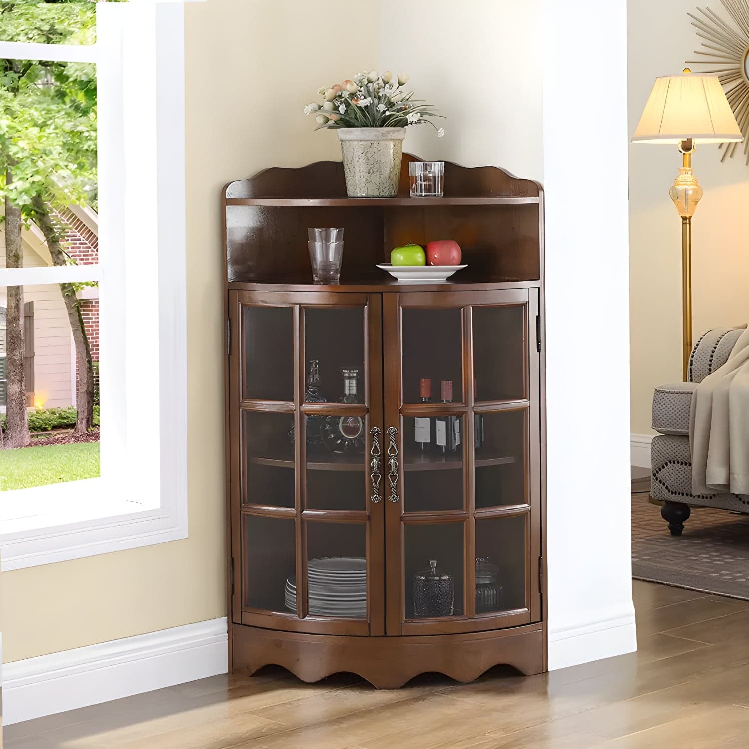 Corner Mid-Century Modern Accent Cabinet with Wood Countertop and Glass Doors thumbnail 2