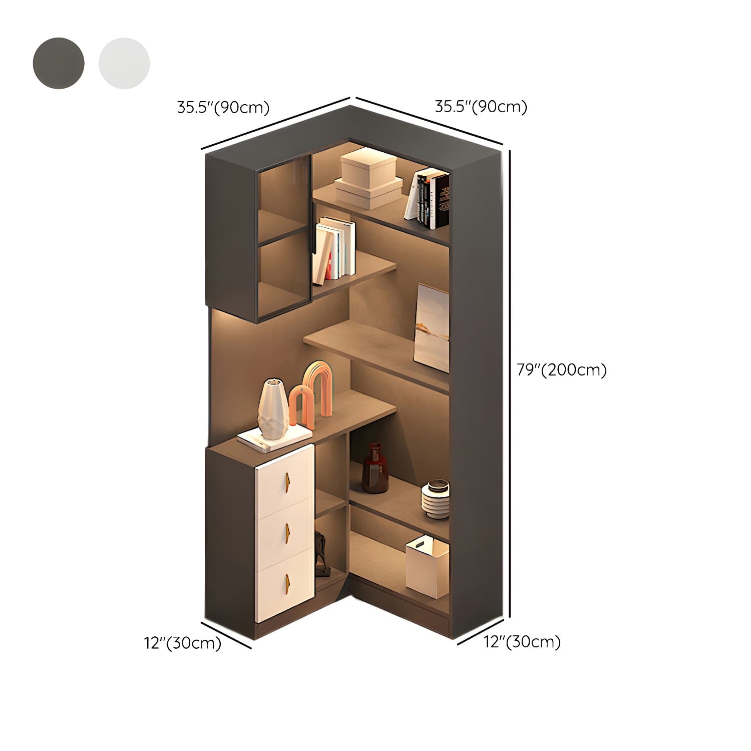 Corner Modern Accent Cabinet with Wood Counter Top, Glass Doors, Drawers, and Adjustable Shelves thumbnail 15