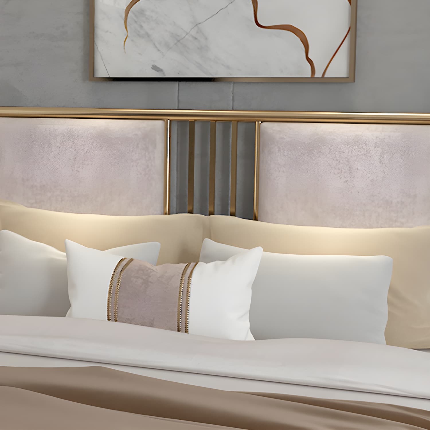 Glam Metallic Open-Frame Bed with Fabric Upholstered Headboard thumbnail 6