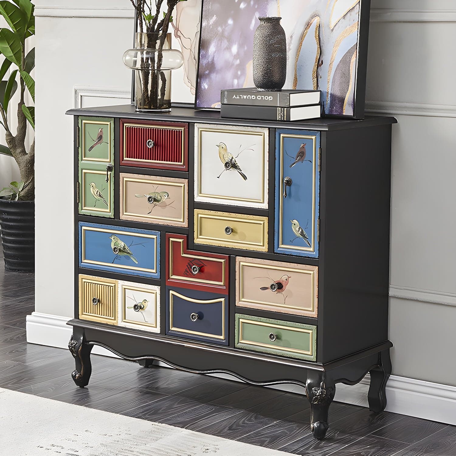 Industrial Painted Accent Cabinet with Drawers Solid Wood Chest thumbnail 1