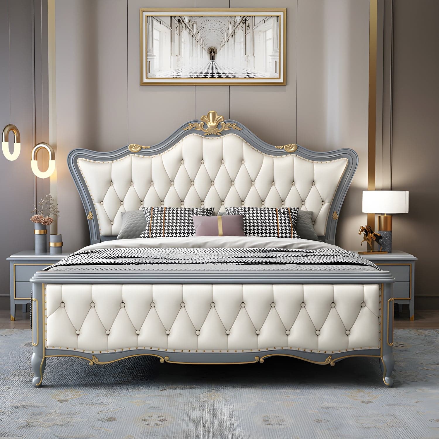 84.65 inch Wide Glam Bed Frame Rubberwood Solid Color Standard Bed with Headboard thumbnail 3