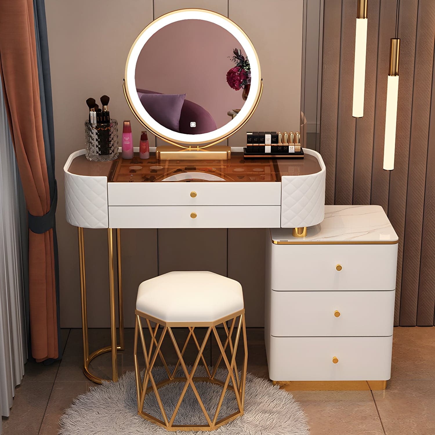 Lighted Mirror & Jewelry Makeup Vanity Metal Dressing Table Stool Set thumbnail 5