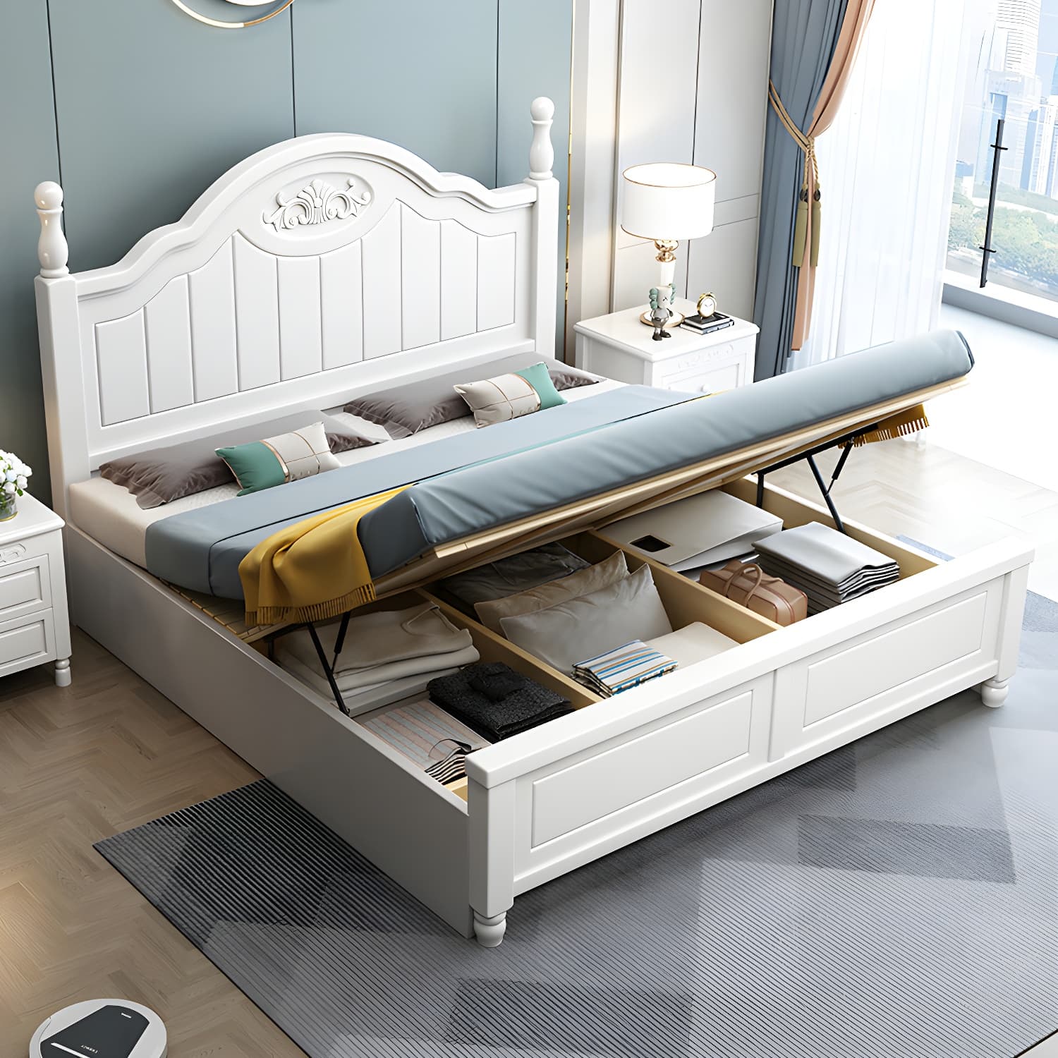 French Country Bed 83.46" Long Bed with Arched Headboard in White thumbnail 10