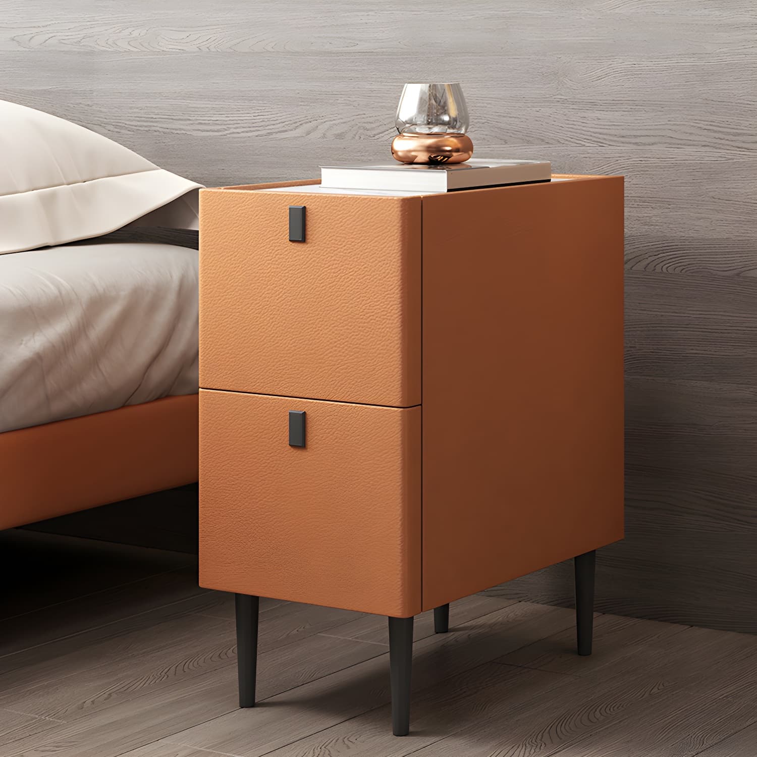 Modern Style Leather Polychromatic Choice of Black Cabinet Leg Nightstand thumbnail 11