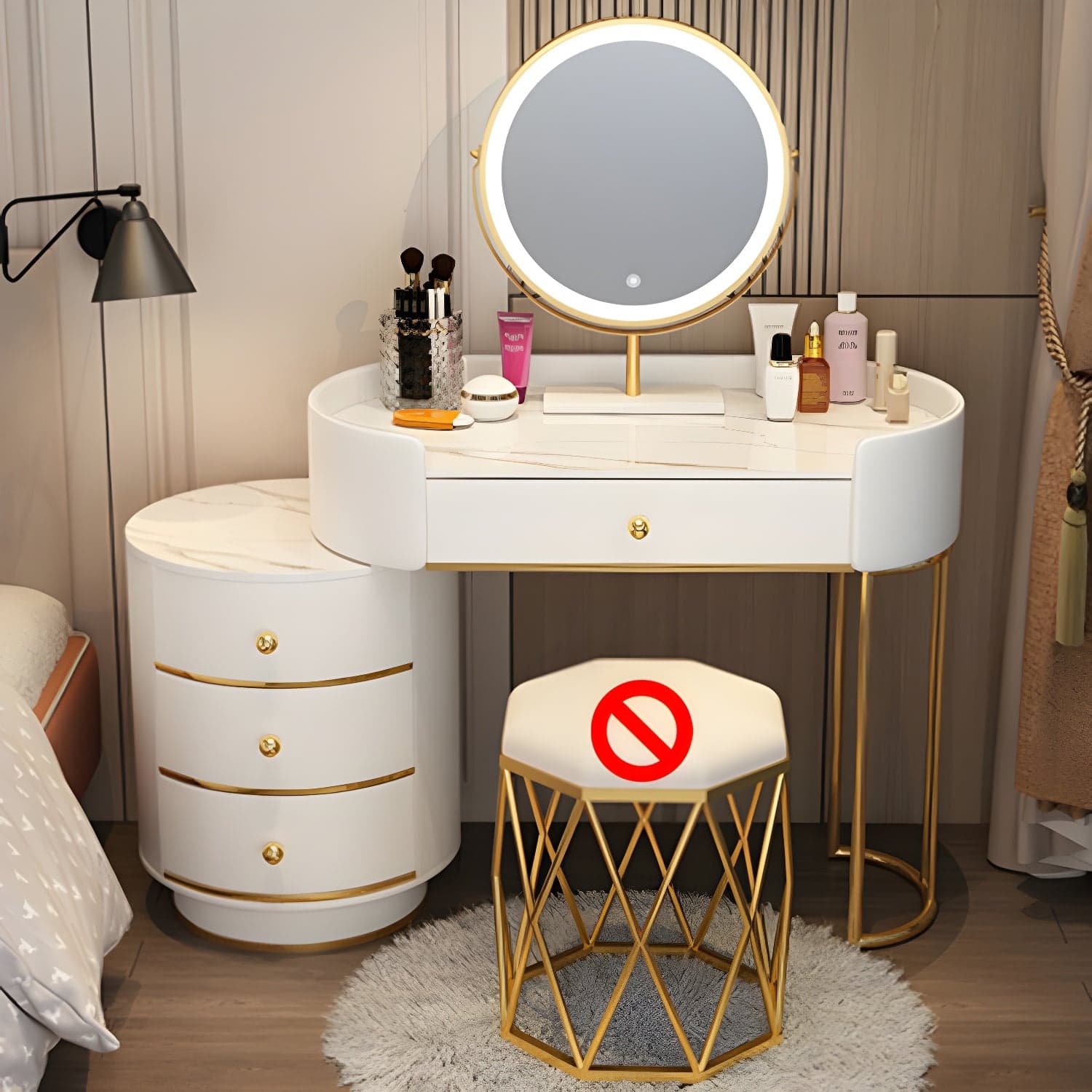 Lighted Mirror Makeup Counter Bedroom Makeup Vanity Desk Table with Drawer thumbnail 4