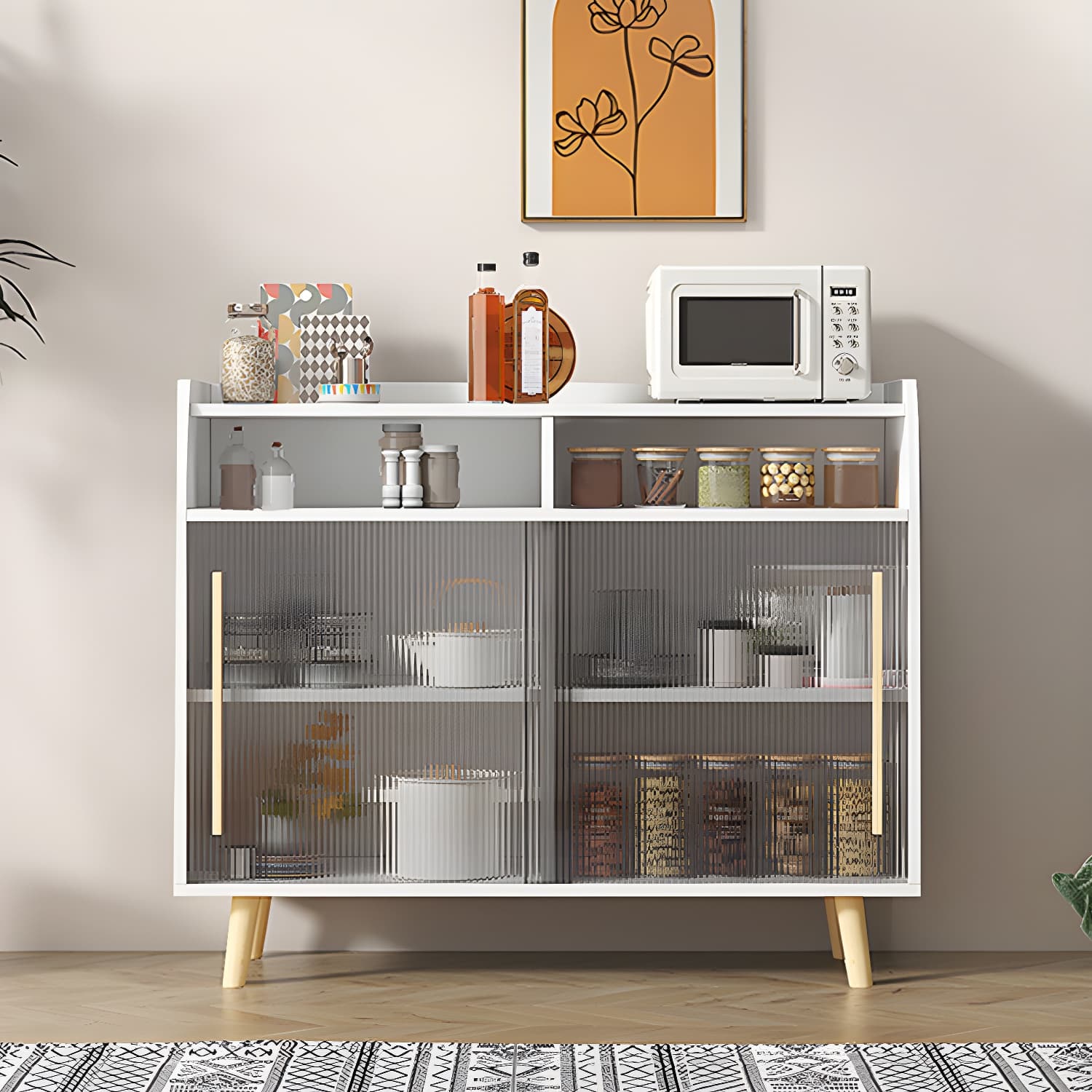 Scandinavian Wood Sideboard Credenza with Acrylic Doors and Cabinet Storage thumbnail 9
