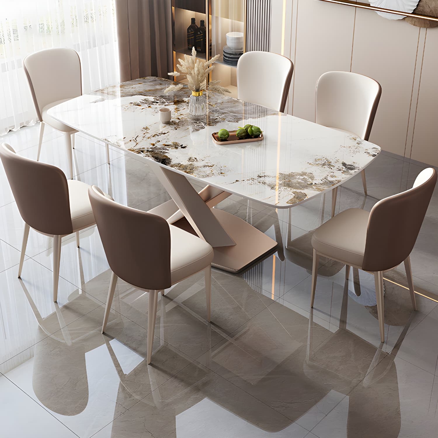 Modern Metal Dining Table in White with Pedestal Base and Violet Accents thumbnail 3
