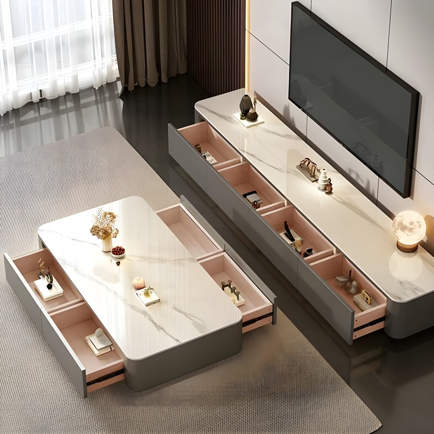 Modern Style Stone Top Steel Base Block Coffee Table with 4 Drawers Rectangular Shape thumbnail 5