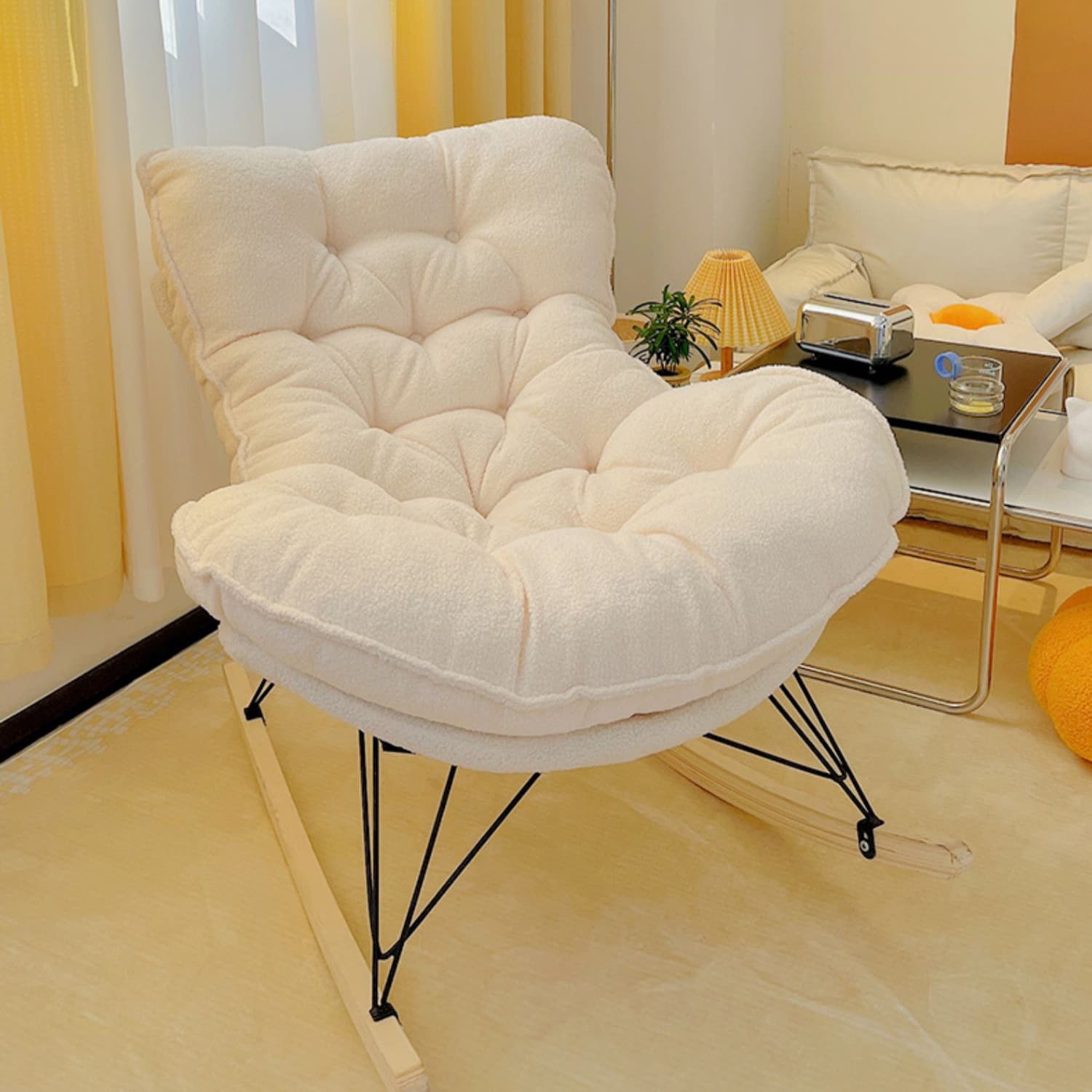 Modern Tufted Upholstered Rocking Chair with Natural Wood Legs thumbnail 14