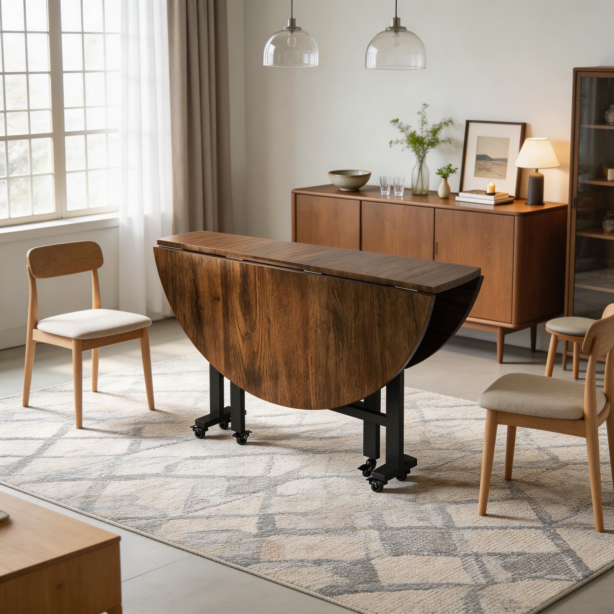 Simple Circular Weathered Wood Dining Table with MDF Top and Extendable Leaf Mechanism thumbnail 11