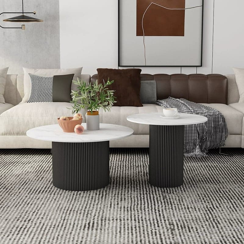 Modern Round Stone Top Coffee Table with Sturdy Metal Pedestal Base in Standard Height thumbnail 5