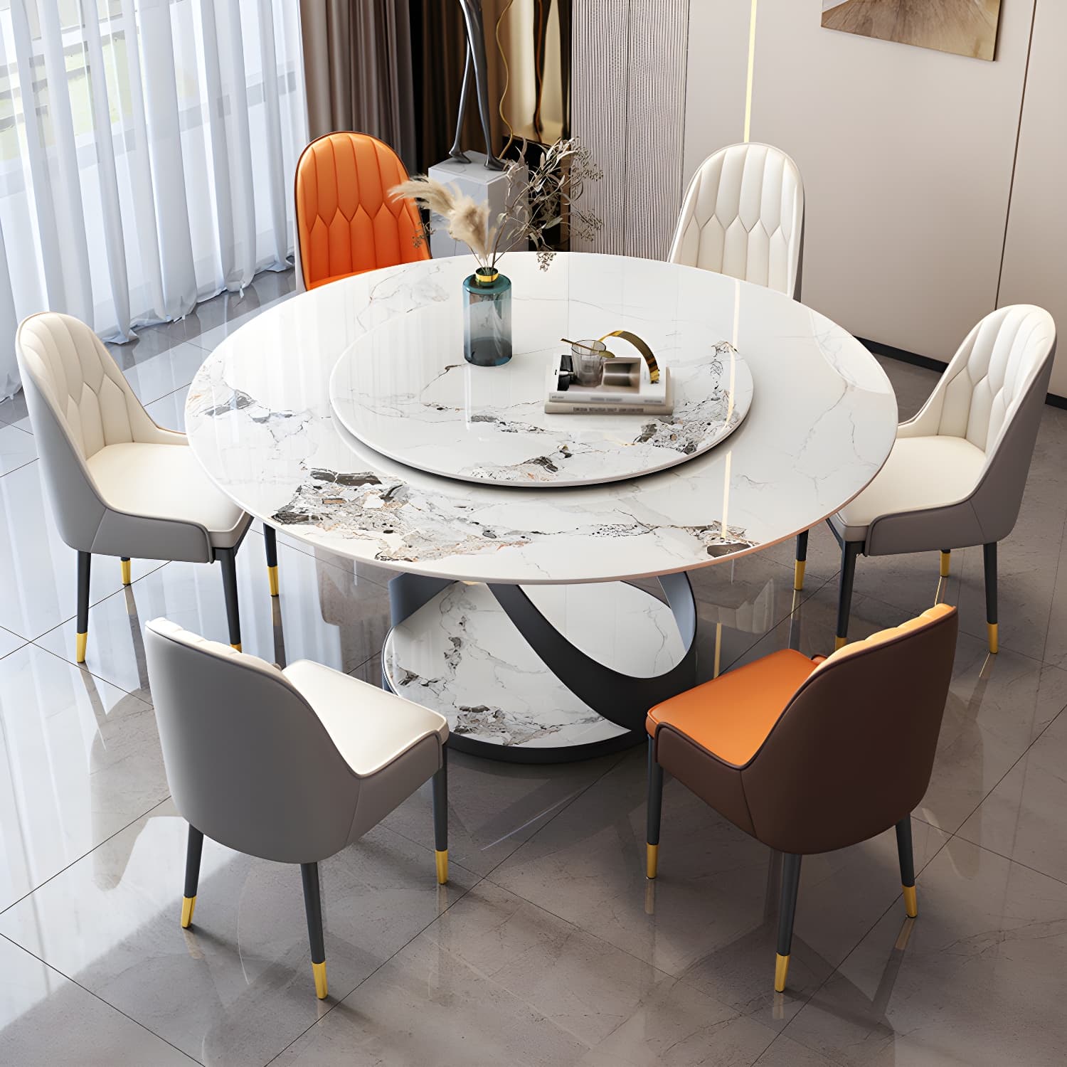 Modern Round Stone Top Lazy Susan Dining Table with Black Steel Pedestal thumbnail 5