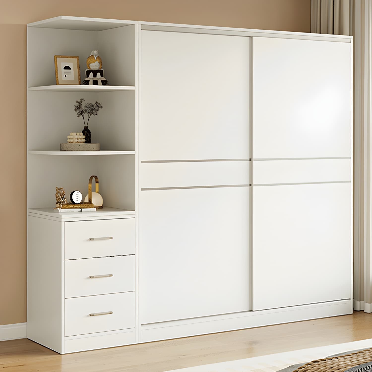 Modern White Wood Wardrobe Armoire with Sliding Doors, Shelves, and Soft Close Drawers thumbnail 3