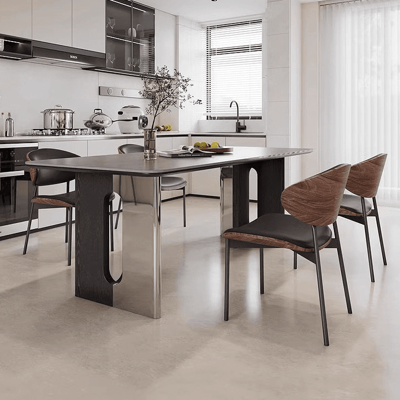 Dining Table Set with Slate Top and Two-sided Pedestal, Fixed Table, Padded Chair with Back, 5-piece in Dove Grey thumbnail 3
