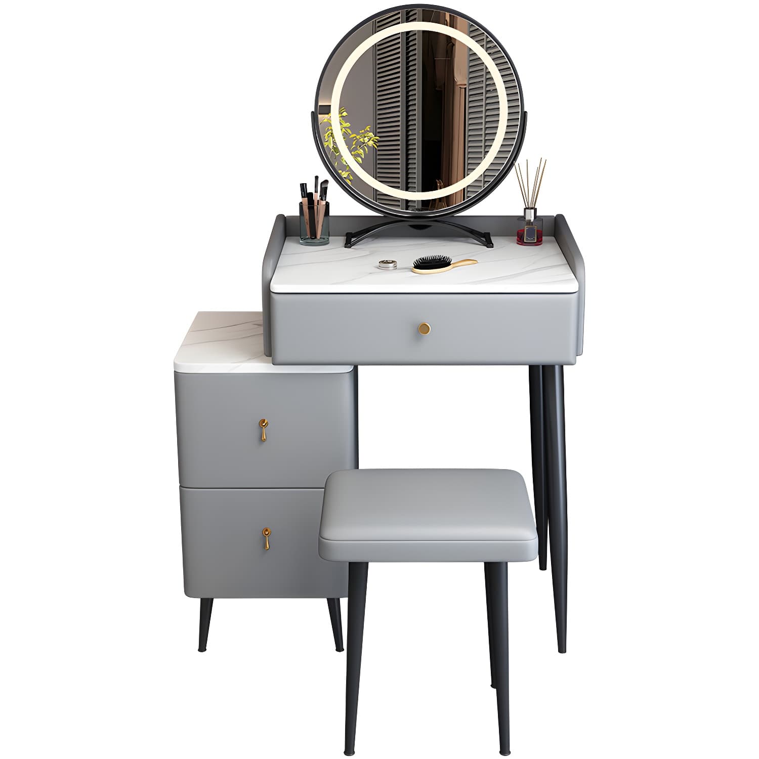 Contemporary Make-up Vanity with Stone Top and Metal Legs for Bedroom thumbnail 9