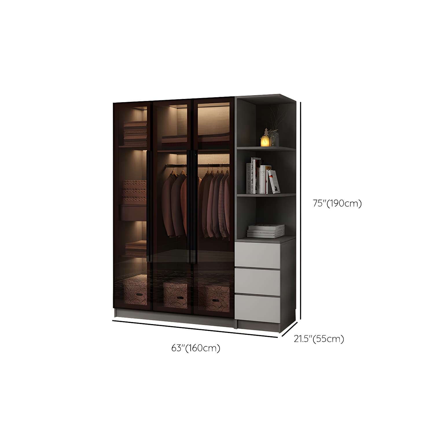 Modern Glass Hinged Doors Wardrobe Armoire Wood Frame Wardrobe with Shelves without Light thumbnail 19