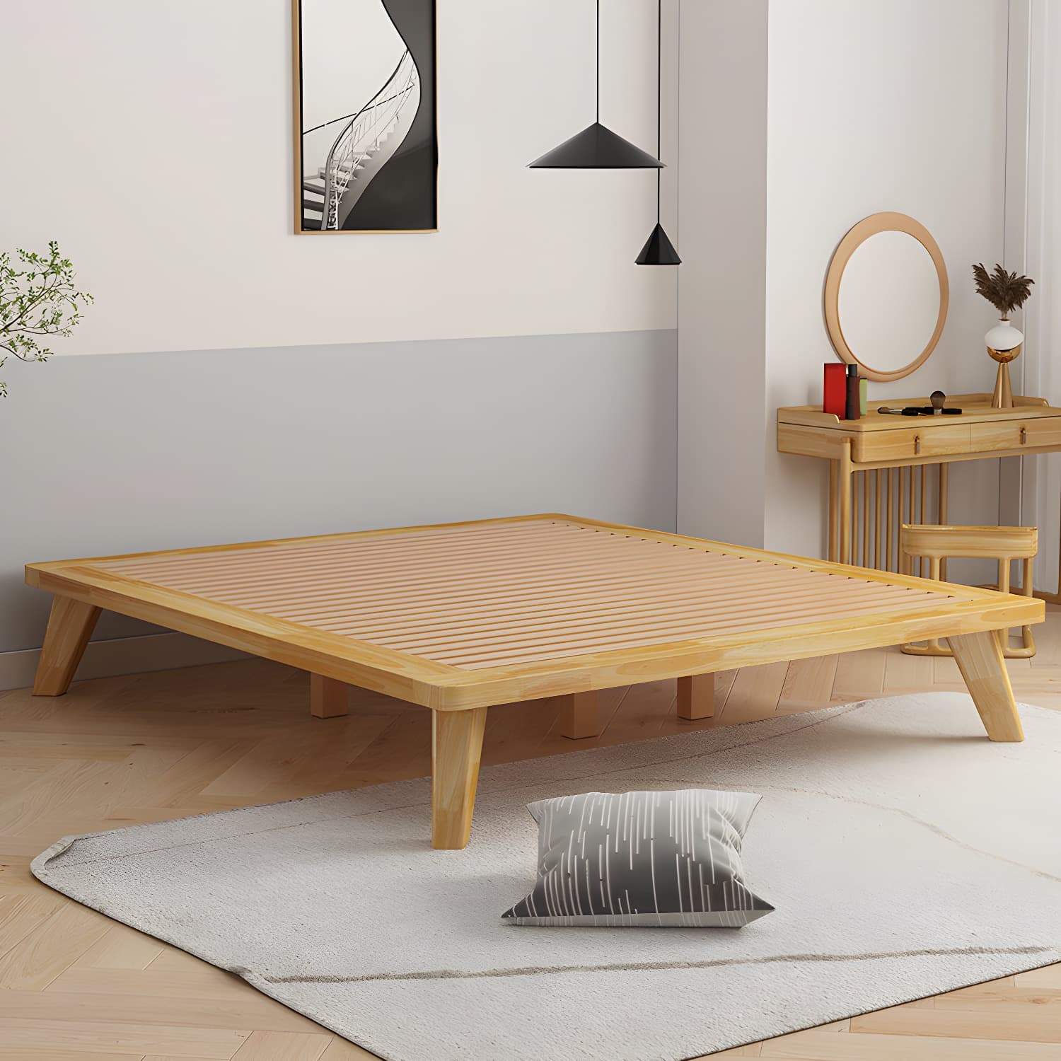 Scandinavian Solid Wood Platform Bed 13.39" High Natural Bed Frame Set thumbnail 4