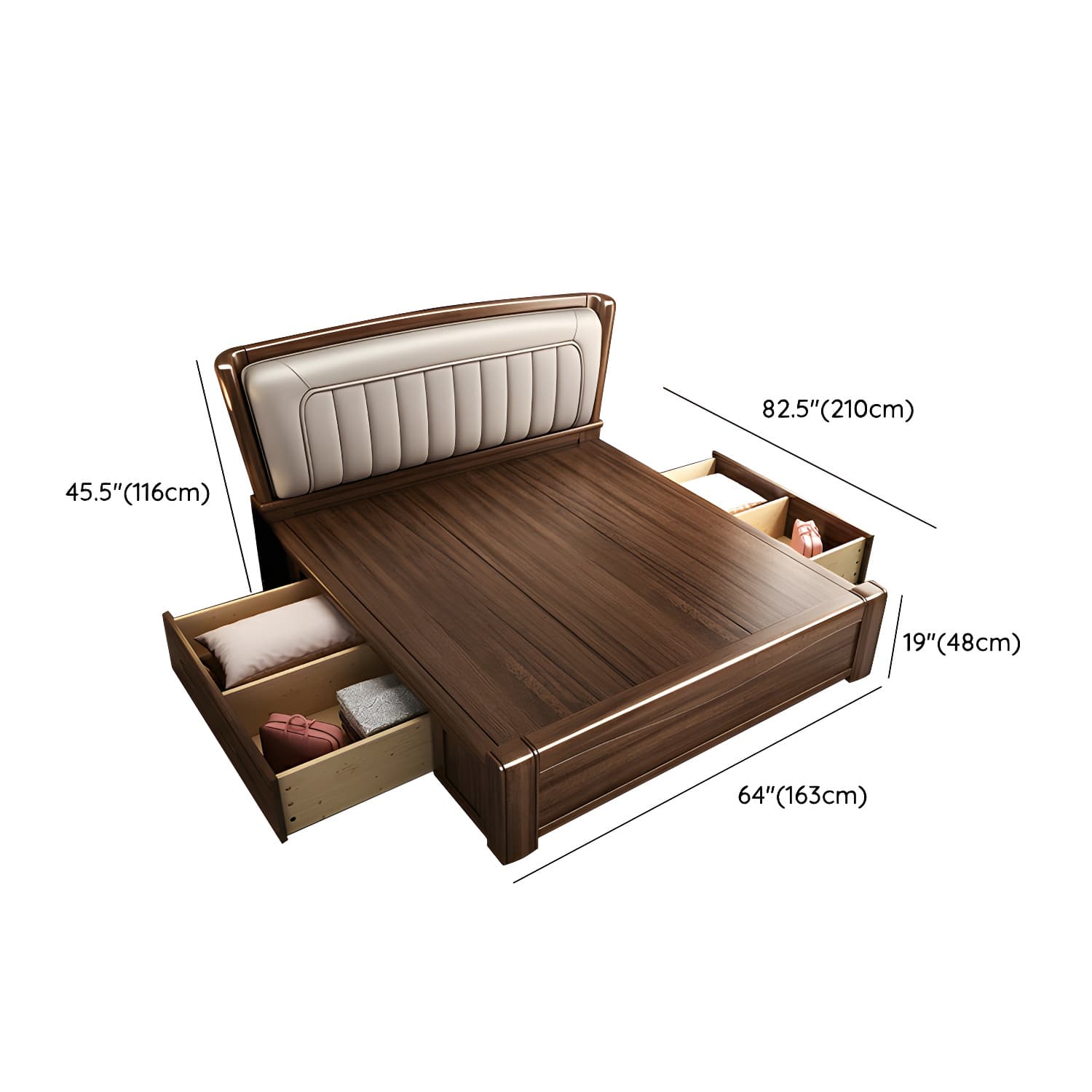 Traditional Walnut Wood Brown Bed with Rectangular Upholstered Headboard for Bedroom thumbnail 11