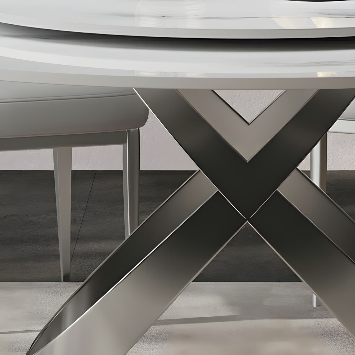 Stunning White Stone Round Dining Table with Lazy Susan and Silver Steel Pedestal Base thumbnail 9
