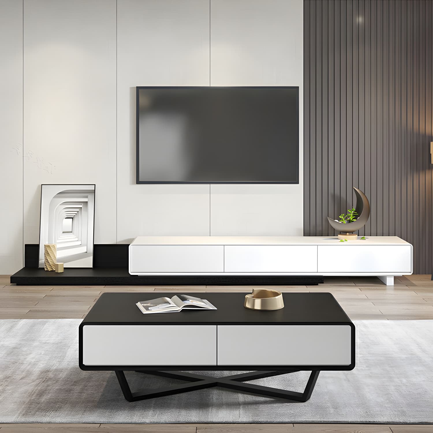 Rectangular Wood Modern Coffee Table with Black Metal Cross Legs and Storage Drawers thumbnail 18