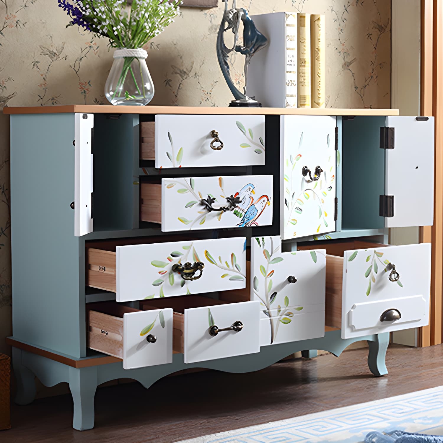 Industrial Painted Accent Cabinet with Drawers Solid Wood Chest thumbnail 26