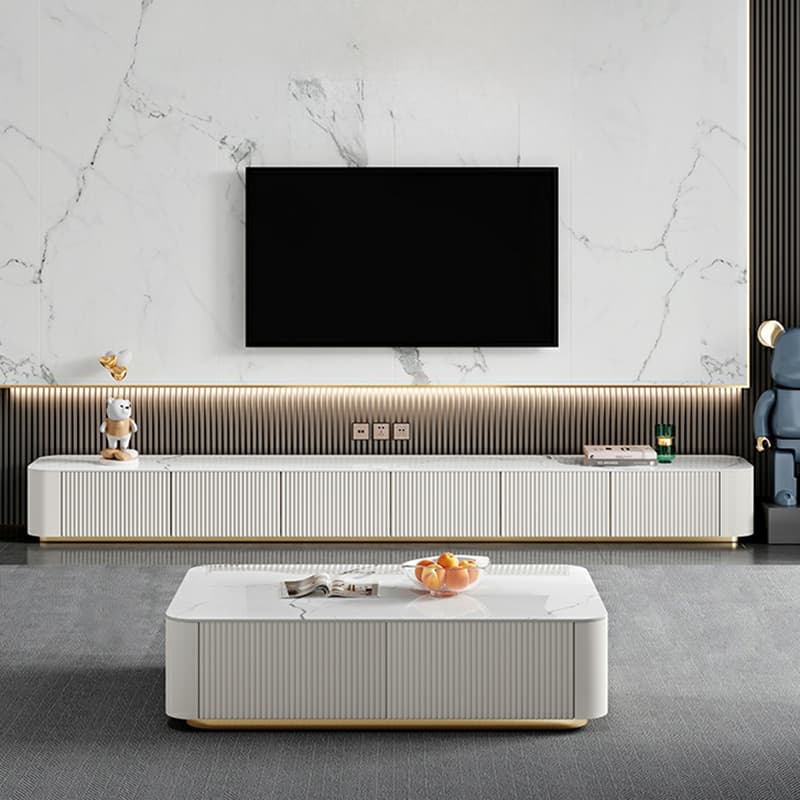 Simple Chalk Sintered Stone Rectangular TV Stand with 6-Drawer/4 Drawers/3-Drawer & Cable Management thumbnail 1