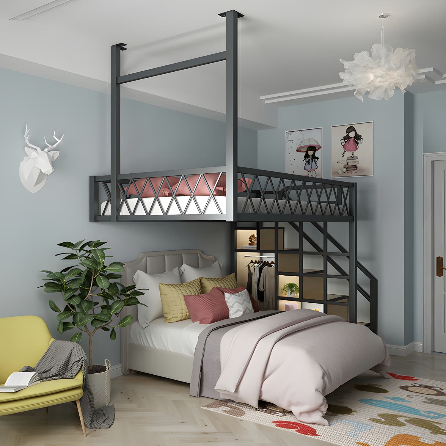 Modern Wood/Metal Bed with Light Wood Tone & Tall Clearance Storage Cabinets thumbnail 3