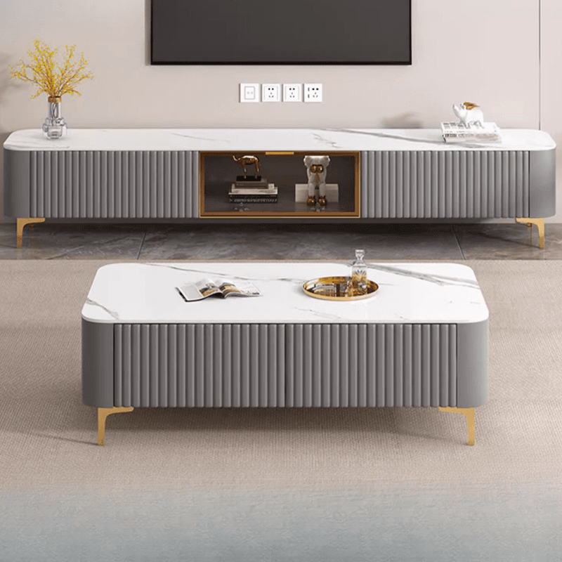Simplistic Rectangular Vitreous TV Stand with Locker, Cable Management & 2 Drawers thumbnail 5
