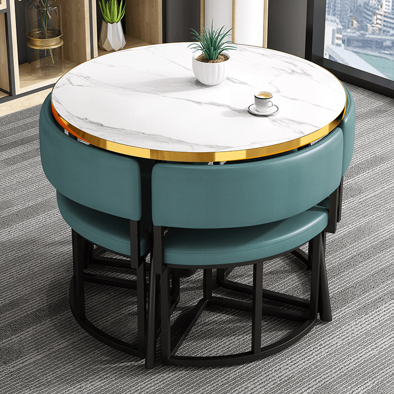 Art Deco Circular-shaped Upholstered Chair Metal & Faux Wood Dining Table Set with Upholstered Back in White, 5 Pieces thumbnail 9