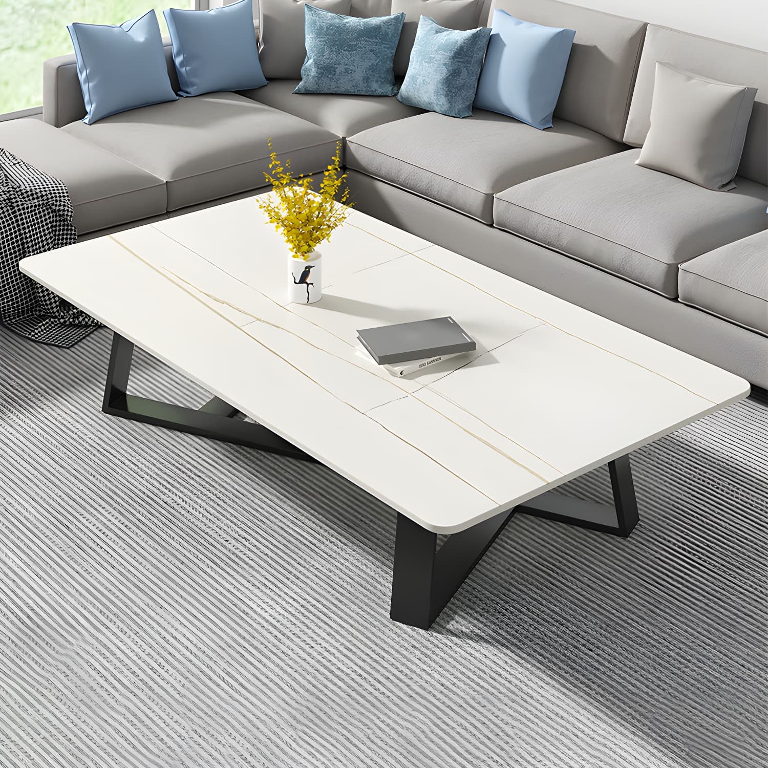 Modern Rectangle Coffee or End Table Stone and Steel Coffee Table with Cross Legs thumbnail 19
