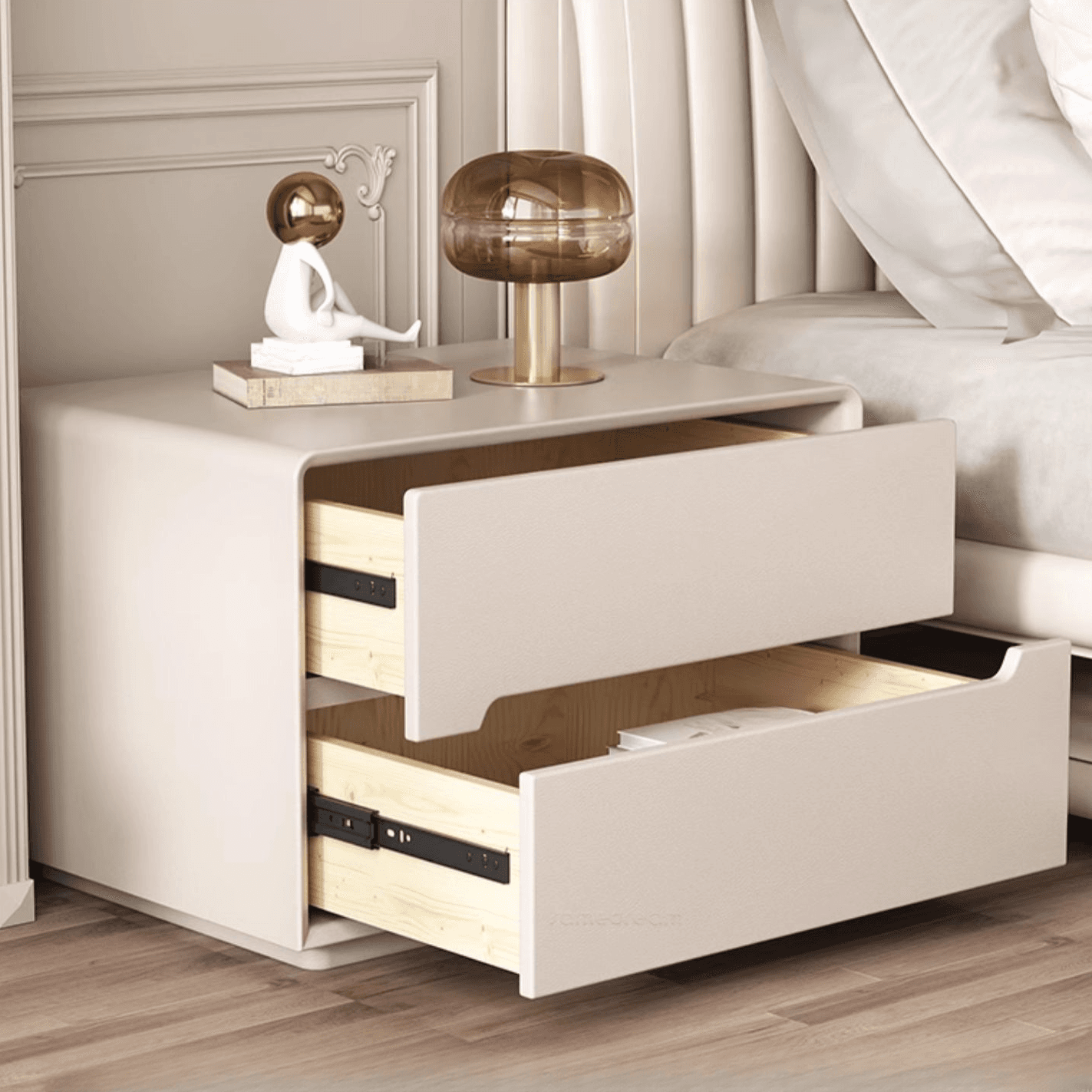 Trendy Drawer Storage Bedside Table with 2 Drawers and Vinyl Leather Countertop thumbnail 9