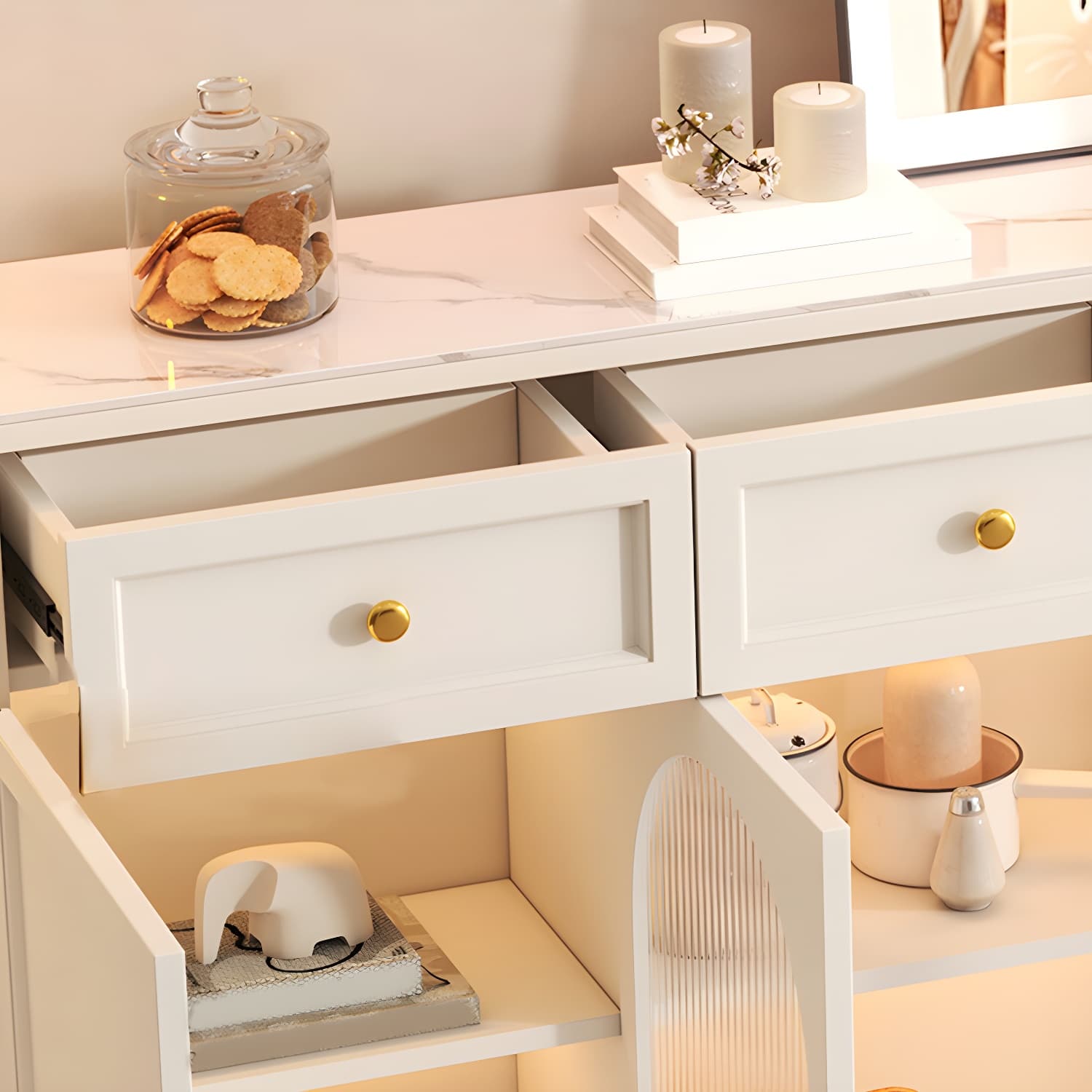 Wooden Buffet Server with Stone Countertop, Glass Doors, and Drawers thumbnail 12