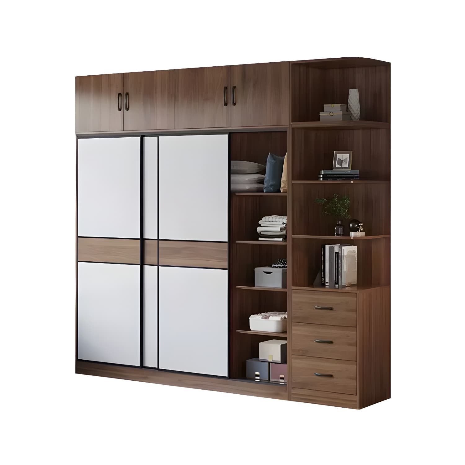 Modern Brown Wood Wardrobe Armoire with Sliding Doors, Shelves, and Clothing Rod thumbnail 5
