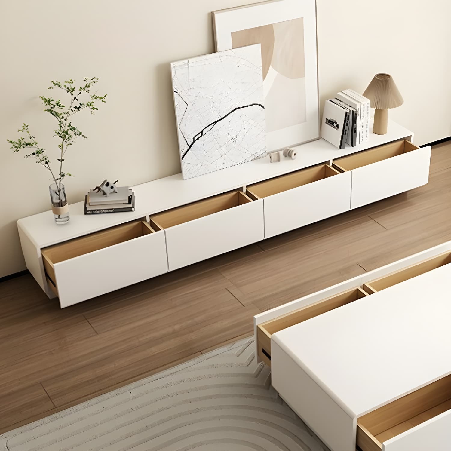 Modern Wood TV Stand with Drawers and Low Height, Featuring Cable Management thumbnail 3