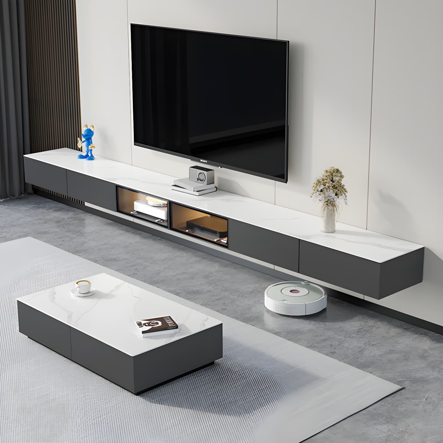 Modern Wall-mounted TV Media Stand Slate Top Wood Frame with Storage thumbnail 2