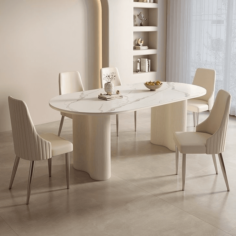 Modern Simple Style Oval Slate Dining Table Set with Dual Footing, Solid Back Panel in Chalk Color thumbnail 1
