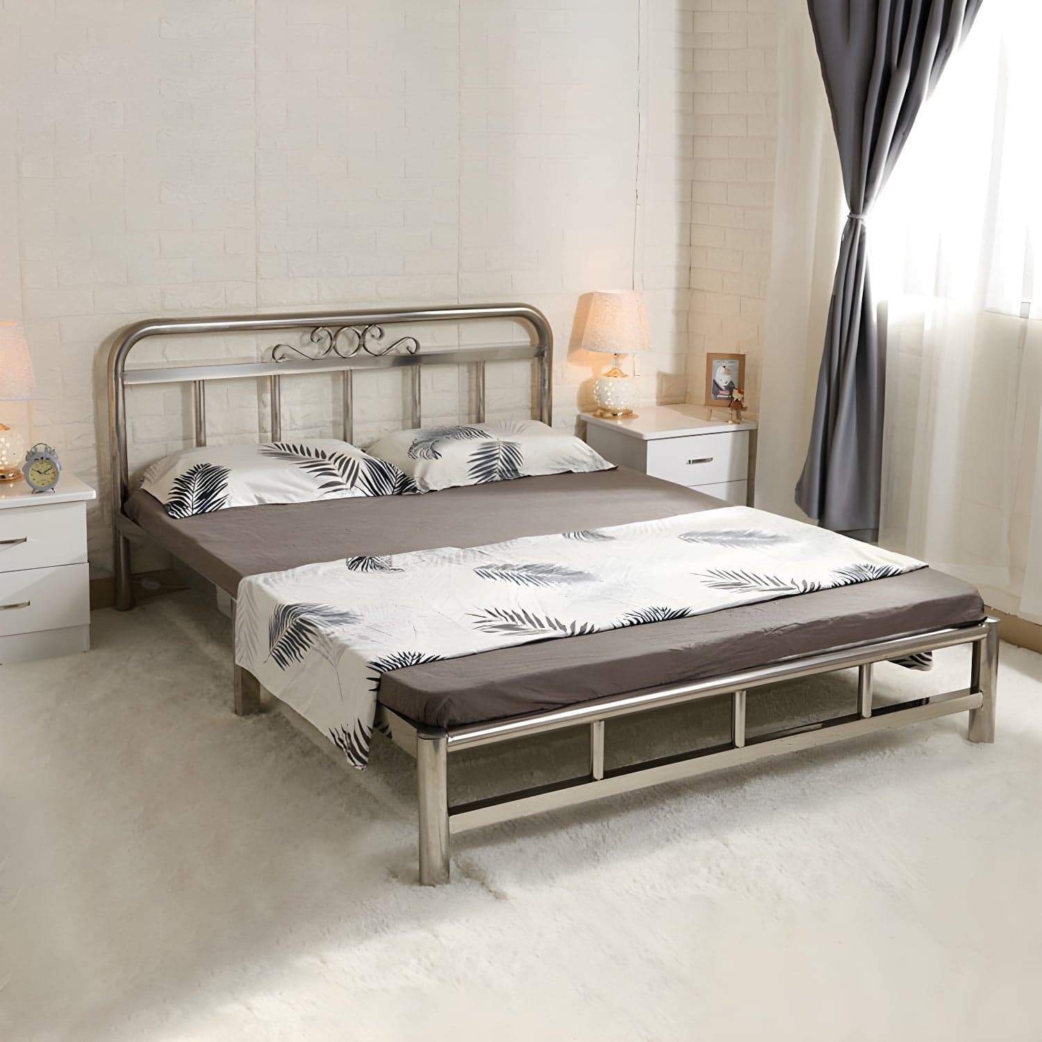 Silver Modern Steel Bed Rectangular Minimalist Bed with Metal Legs thumbnail 1