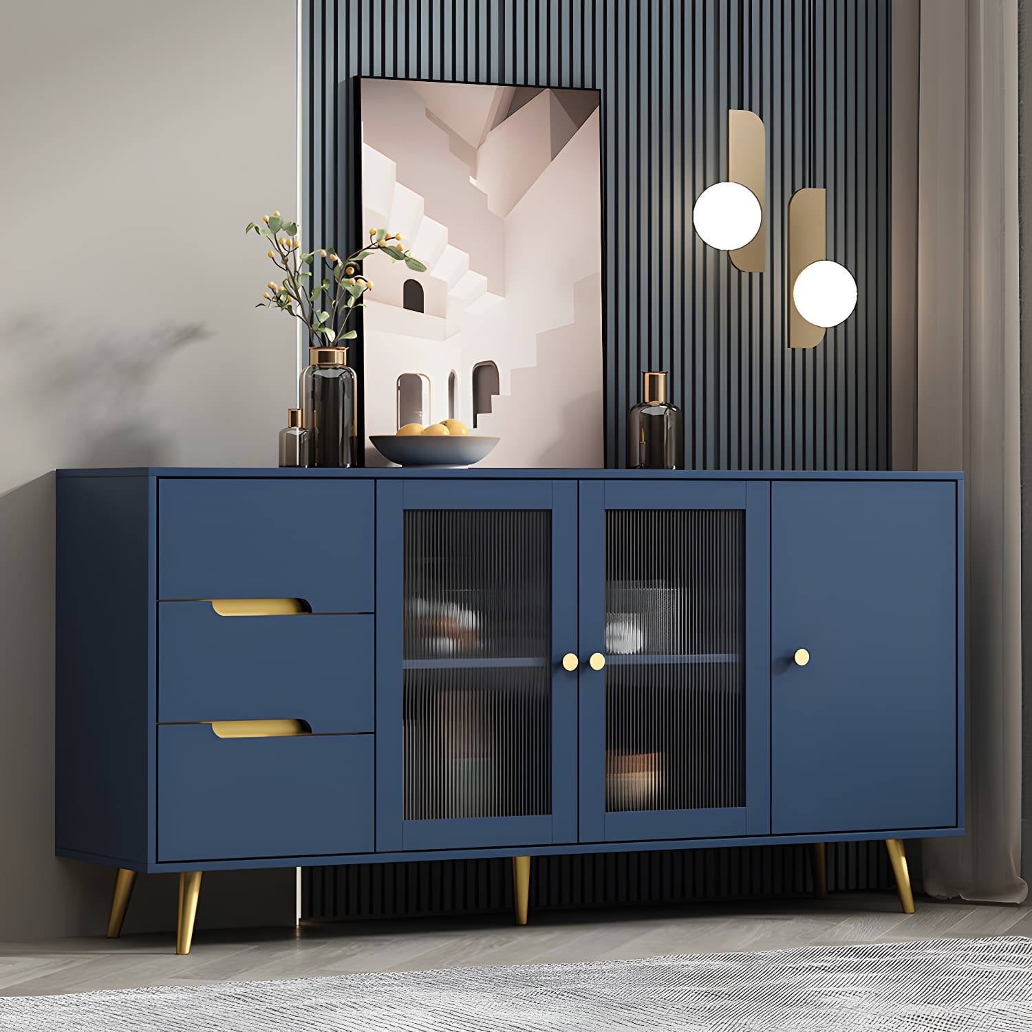 3-Drawer Engineered Wood Sideboard Modern Glass Doors Cabinets Credenza for Living Room thumbnail 6
