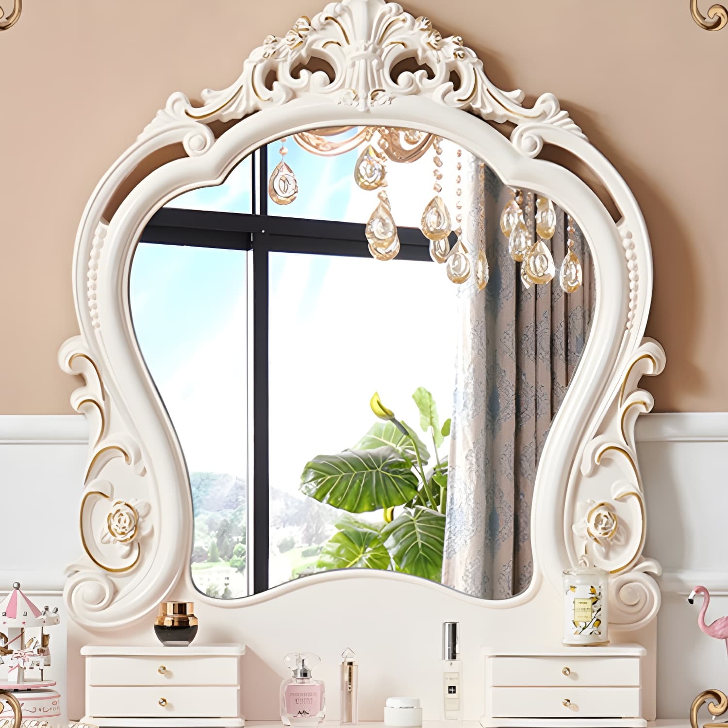 White Victorian Wood Vanity Dressing Table with Drawers Mirrored Makeup Vanity thumbnail 8